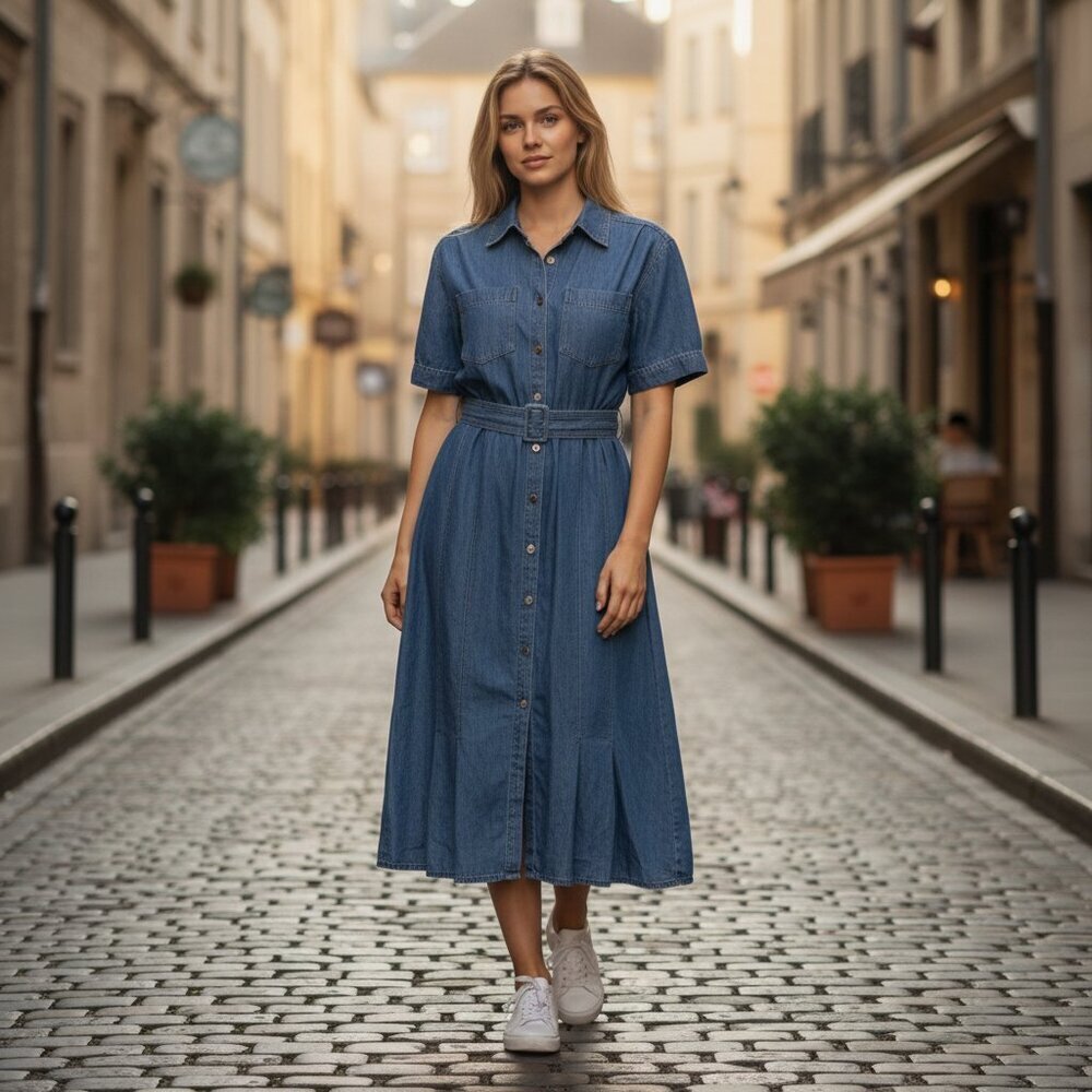 Vintage Kasper Denim Shirt Dress Belted Midi Teacher Minimalist 90s Womens 6 - Picture 2 of 4